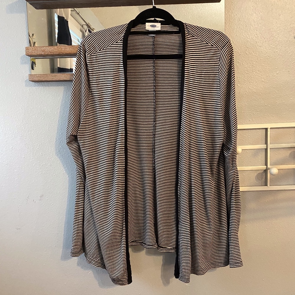 Old Navy Cream Black Striped Open Front Sweater